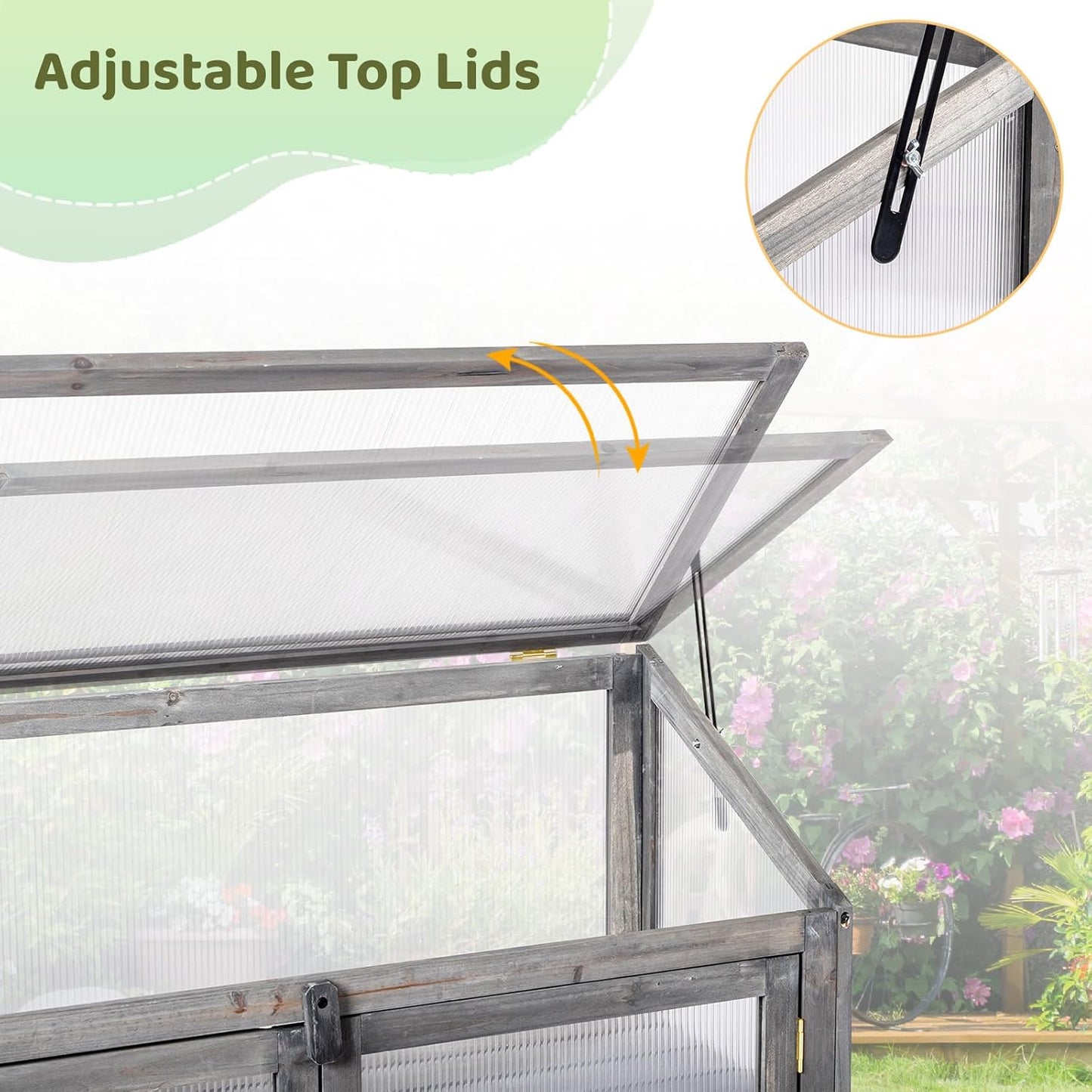 VINGLI Cold Frame Greenhouse, Mini Wooden Green House with Flip-Top Roof, Raised Flower Planter Shelf, Small Lockable Wood Cabinet for Plants Indoor Outdoor (Grey, 35.43" x 14.37" x 27.36")