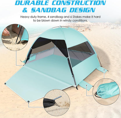 Large Easy Setup Beach Tent,Anti-UV Beach Shade Beach Canopy Tent Sun Shade with Extended Floor & 3 Mesh Roll Up Windows Fits 3-4 Person,Portable Shade Tent for Outdoor Camping Fishing (Mint Green)