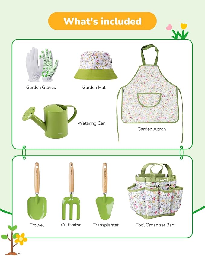 Kids Gardening Set Toys, Quality Garden Tool Kit for Kids and Toddlers, Includes Two Shovels, Garden hat,Rake, Apron,Gloves, Watering Can, and Tool Bag (Green)