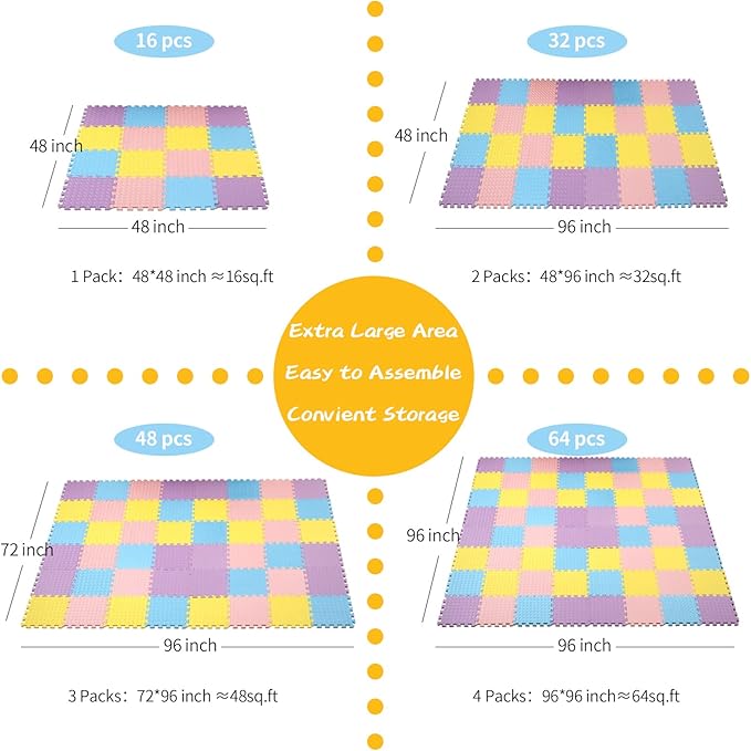 Foam Play Mat for Baby, EVA Non-Toxic Interlocking Floor Mats, Solid Colored Foam Puzzled Floor Mats, Baby Play Mat Exercise Mats, 16 Tiles(Pink/Purple/Yellow/Light Blue)