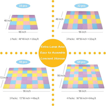 Foam Play Mat for Baby, EVA Non-Toxic Interlocking Floor Mats, Solid Colored Foam Puzzled Floor Mats, Baby Play Mat Exercise Mats, 16 Tiles(Pink/Purple/Yellow/Light Blue)