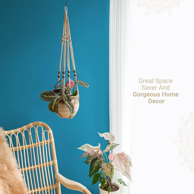 Mkono Macrame Plant Hanger Indoor Jute Hanging Planter Basket with Wood Beads Decorative Flower Pot Holder No Tassels for Indoor Outdoor Boho Home Decor 35 Inch, Brown, Set of 1 (POTS NOT Included)