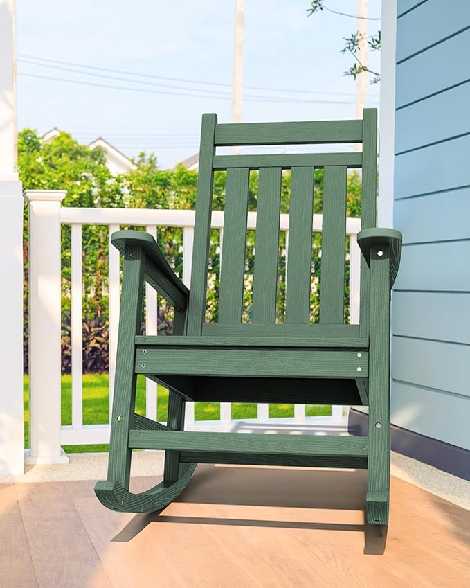 SERWALL HDPE Rocking Chair, Outdoor Rocking Chair for Adults, All Weather Porch Rocker for Lawn Garden, Green