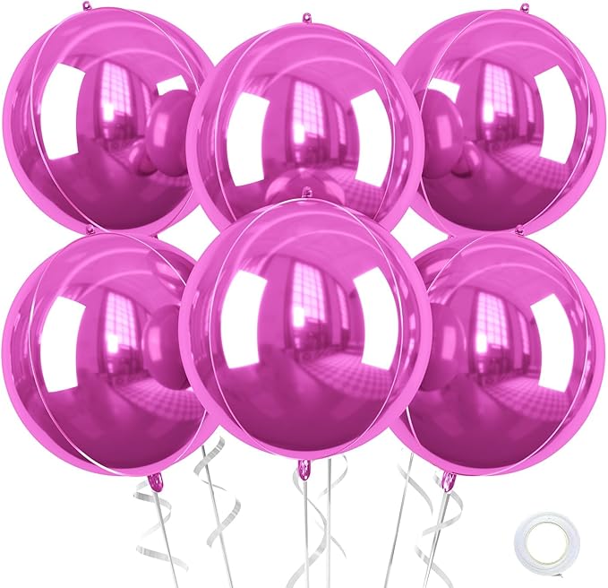 Giant 4D Foil Balloons, 6 Pcs Large Hot Pink Metallic Round Balloons, 22 Inch Big Round Hot Pink Foil Balloon for Kids Girls Prom Birthday Party Baby Shower Wedding Decorations