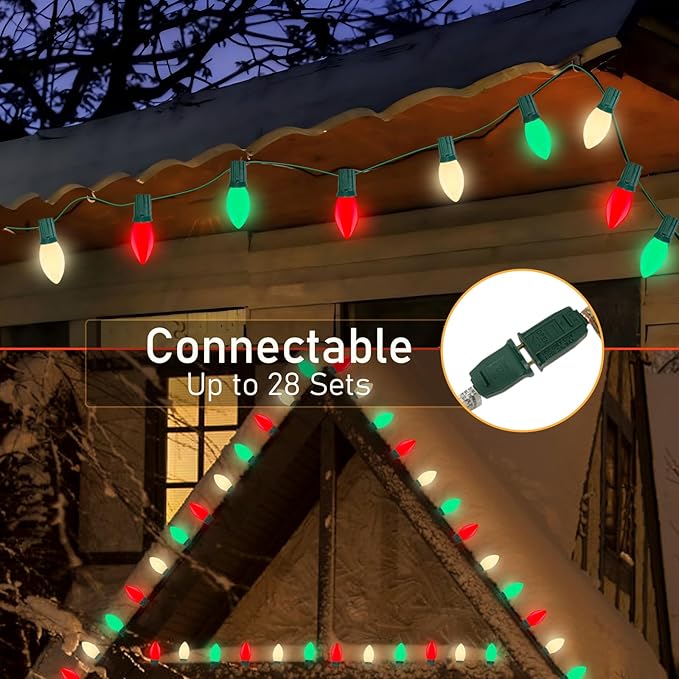 Red Green White LED Christmas Lights, 25FT Waterproof C9 Multicolor Outdoor With 26 Shatterproof Bulbs, Commercial Hanging for Roof Patio Balcony Party Xmas Decor