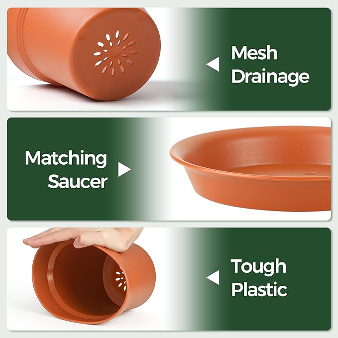 T4U 6 Inch Flower Pots 18-Pack - Small Plastic Planter with Drainage Hole and Saucer, Decorative Nursery Plant Pot Bulk for African Violet, Aloe and All House Plants Indoor (Terracotta)