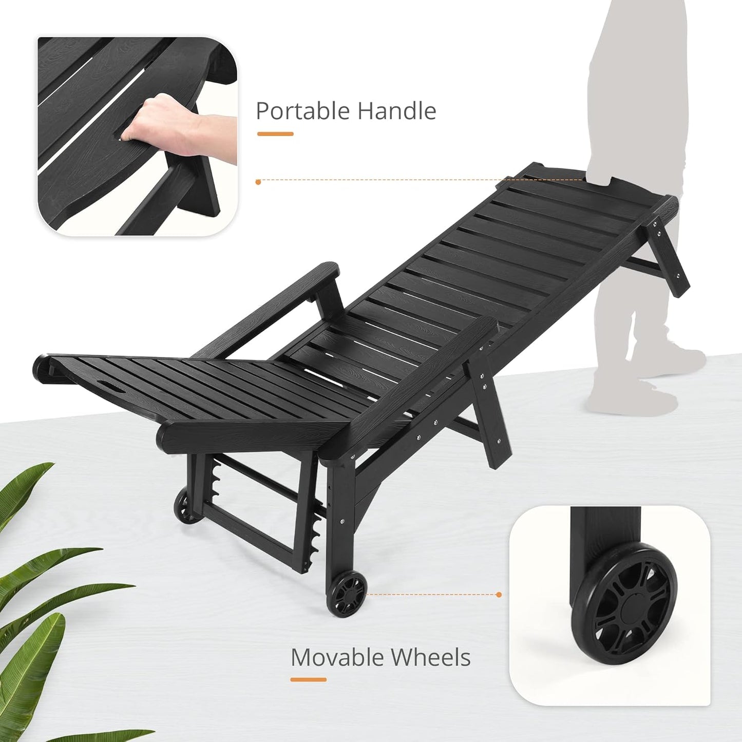 LUE BONA Outdoor Chaise Lounge Chairs Set of 2, 79'' Oversized HDPS Chaise Lounger, 5 Positions Adjustable Lounge Chairs, Pool Lounge Chair with Wheels for Poolside, Backyard, 3 Year Warranty, Black