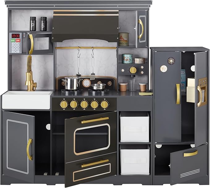 Teamson Kids Little Chef Colonie Play Kitchen for Kids, Gray – 2-Piece Pretend Kitchen Set with Ice Dispenser, Coffee Maker, Farmhouse Sink & Storage, Modern Wooden Toy for Toddlers & Girls Boys