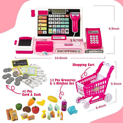 Kids Cash Register Toy with Shopping Cart Toddler Pretend Play Store Cashier Register for Kids with Music / Real Calculator / Scanner Learning Toys for Girls Birthday Gift for 3-8 Year Old Girl