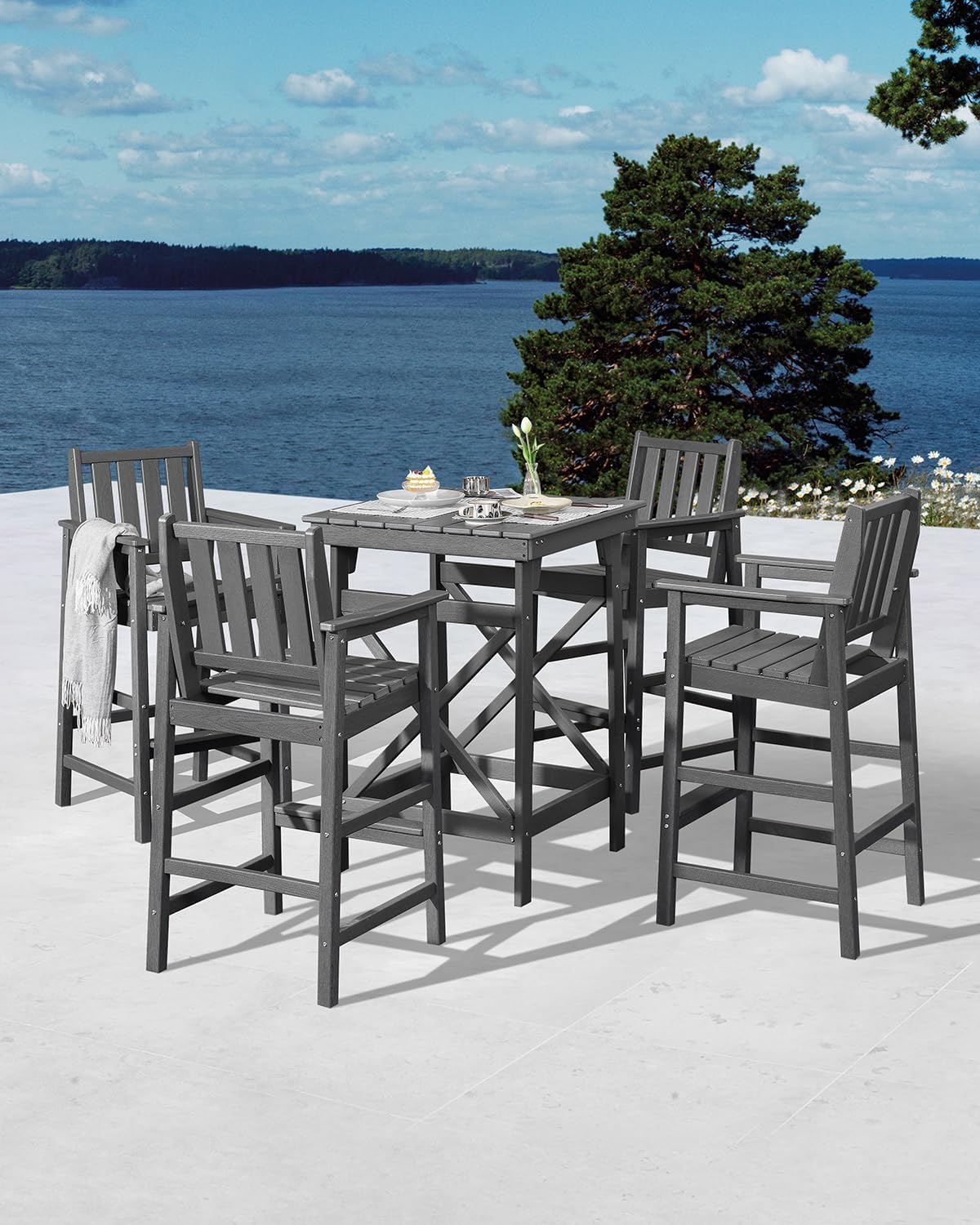 5 Pieces Adirondack Bar Chairs Set, HDPE Patio Bar Height Table and Chairs, Tall Adirondack Outdoor Bar Stools Set, HDPE Patio Bar Table Sets Furniture for Balcony, Garden, Pool, Smoke Gray