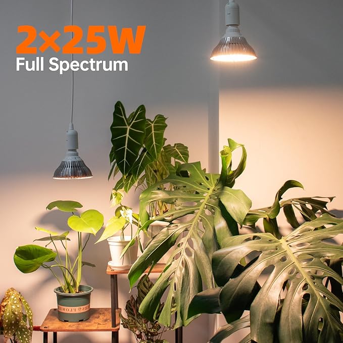 Hanging Grow Light, 50W (25W X 2), One Cord Double Head, Led Grow Lights for Indoor Plants, Full Spectrum, Grow Lights for Seed Starting, Hanging Plant Light Bulbs with 16.4FT Power Cord