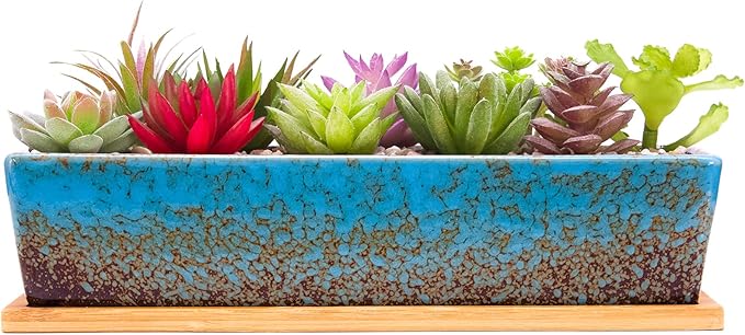 Succulent Pots - 12.1 Inch Large Succulent Planters Pots with Drainage Tray, Long Rectangle Ceramic Pots for Indoor Cactus/Succulent Plants Shallow Bonsai Window Box for Home Garden Decor (Blue)