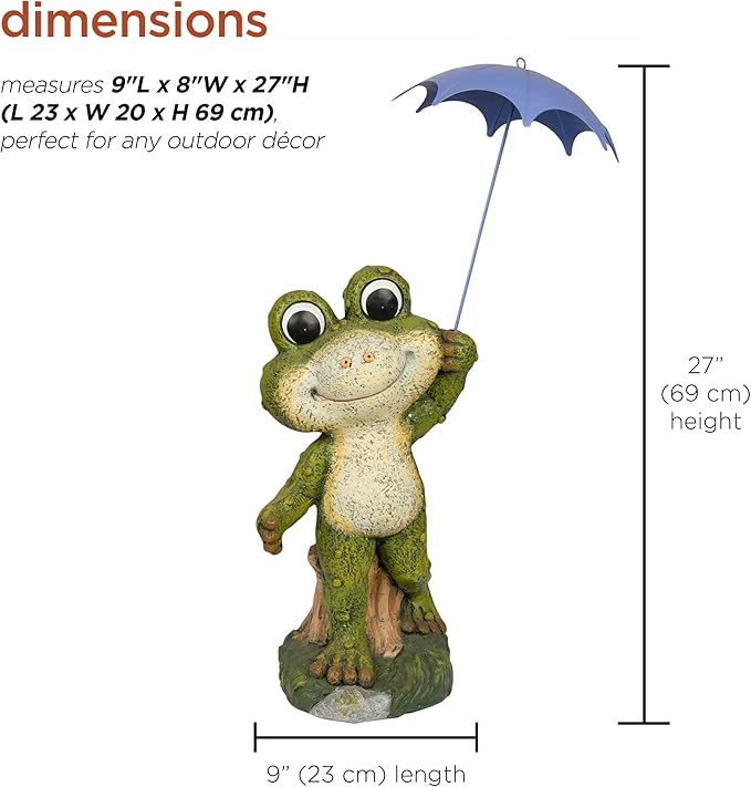 Alpine Corporation QWR1002 Indoor/Outdoor Smiling Frog with Purple Umbrella Garden Statue, Playful Frog Statue, 27" H, Green