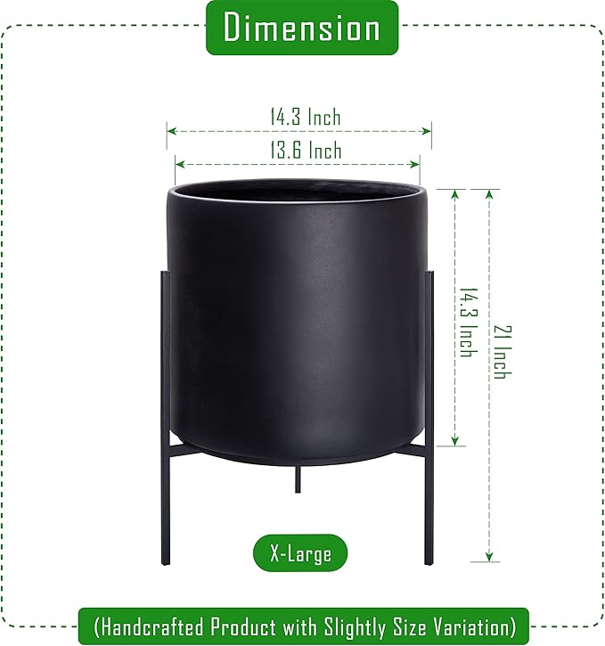 D'vine Dev Modern Black Plants Pot Cylinder Planter with Heavy Duty Stand, X-Large 14 Inch Pot, 19.6 Inch with Stand Height, 96-T-B-4