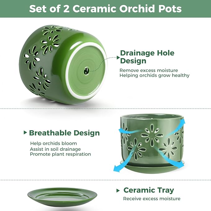 6+5 Inch Orchid Pots with Holes, Ceramic Orchid Pots, Orchid Pots for Repotting,Healthy Air Circulation Plant Pots for Plant Lovers,Planters for Indoor Plants -2 Pack
