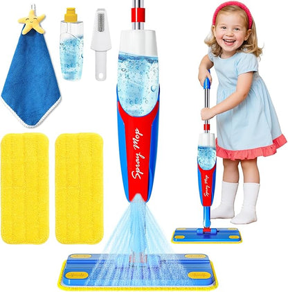 Kids Cleaning Toy Set - Toddler Cleaning Set with Real Working Kids Spray Mop, Microfiber Pads, Cloth & Scraper | Role Play Educational Toys for Boys Girls, Montessori Toddler Toys Gifts