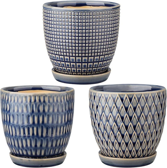 Oairse 4 inches Ceramic Planter Pots 3 Set of Small Round Flower Pots with Drainage Hole and Ceramic Tray for Succulents Cactus Indoor Outdoor Garden Home Windowsill