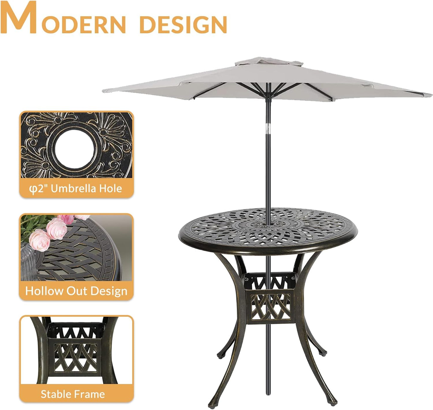 3-Piece Outdoor Patio Dining Set, All-Weather Cast Aluminum Patio Furniture Set for Backyard Garden Deck with 2 Cushioned Chairs and 31” Round Table, 2" Umbrella Hole