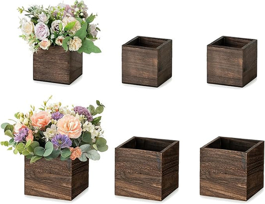 NUPTIO Wooden Box for Centerpiece Wedding: 6 Pcs Rustic Square Planter Box for Christmas Centerpiece Table Fall Decorations - 4×4" & 5×5" Small Wood Vases Flower Pots for Windowsill Home Garden Decor