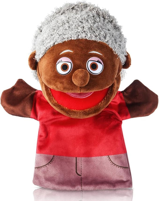1 Pcs Family Hand Puppets 12 Inch Grandparents Mom Dad Brother Sister Plush Hand Puppet Toys Role-Play Toy Puppets for Kids Storytelling Imaginative Pretend Play Teaching Preschool(Black Grandmother)