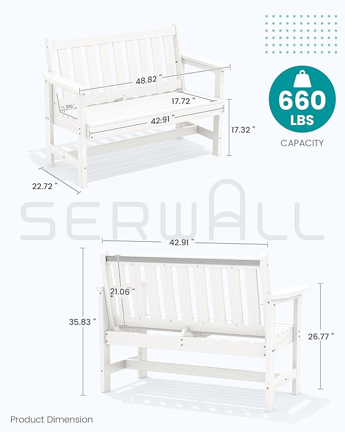 SERWALL Outdoor Bench, HDPE Outdoor Benches Weatherproof, 2-Person Garden Bench with 660 lbs Weight Capacity, Patio Benches for Outdoors, Garden, Porch, Backyard and Park, White, 2 Pack