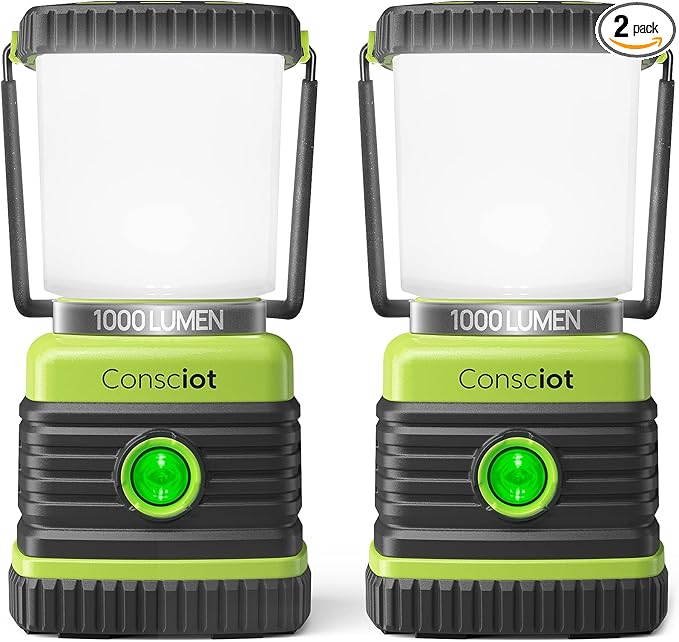 LED Camping Lantern, Consciot Battery Powered Camping Lights, 1000LM, 4 Light Modes, IPX4 Waterproof Tent Lights, Portable Flashlight for Power Outages, Emergency, Hurricane, Hiking, 2-Pack