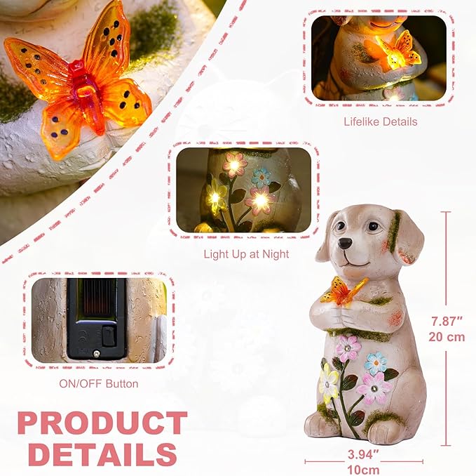 Solar Dog holiding Solar Butterfly Lights - Resin Garden Outdoor Decorations for Patio,Balcony,Yard,Birthday Garden Gifts for Women Mom
