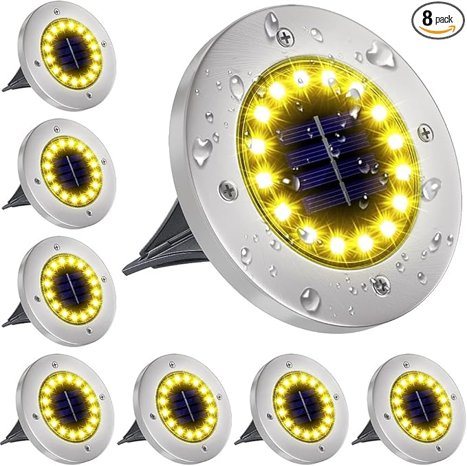 NFESOLAR Solar Lights Outdoor with 16 LEDs, Bright Solar Ground Lights Outdoor Waterproof Solar Disk Lights for Pathway Garden Yard Lawn Walkway Driveway (Warm White 8pack)