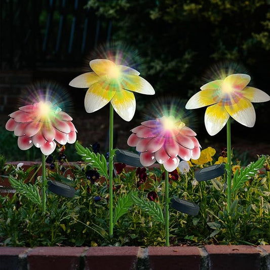 4Pcs 25" Solar Garden Decor for Outside, 3D Metal Flowers for Outside, Valentines Day Garden Stakes Decoration, Solar Lights Garden Decor, Yard Art for Lawn Patio Porch Gifts for Her