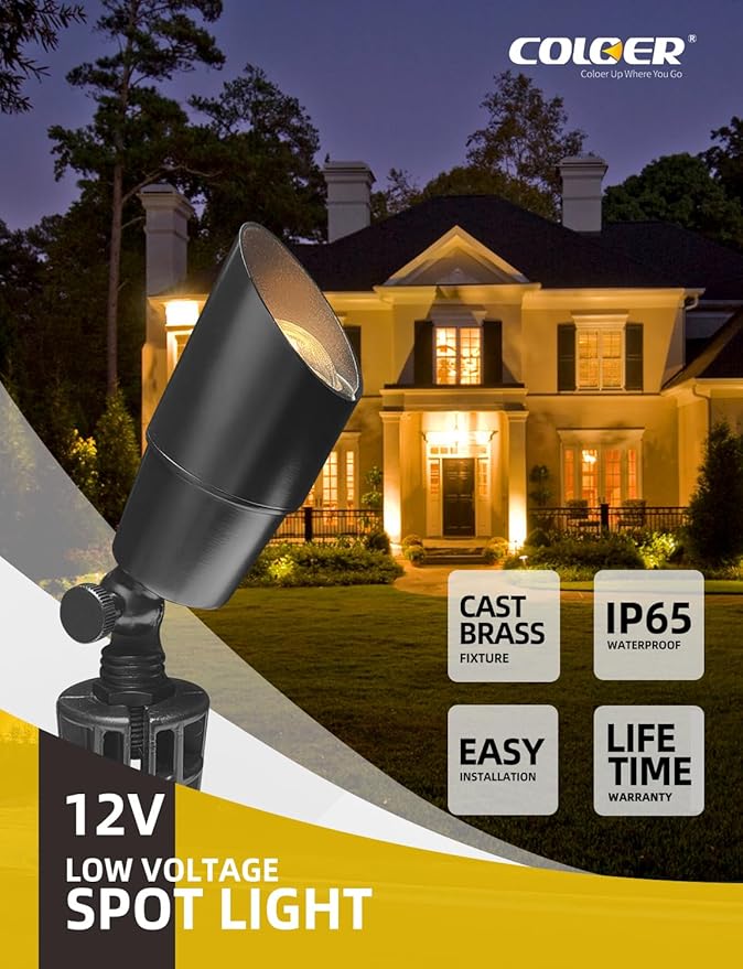 COLOER Brass Low Voltage Landscape Spotlight Fixture(Black) 12-Pack Without Bulb,12V AC/DC Outdoor Spot Lights for Yard, Directional Garden Patio Spot Up Light(101B-Black)