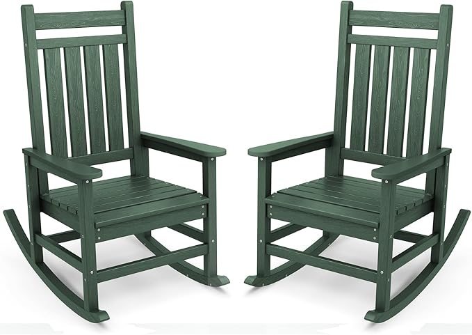 SERWALL Outdoor Rocking Chair Set of 2, HDPE Rocking Chairs for Adult, All Weather Porch Rockers for Lawn Garden, Green