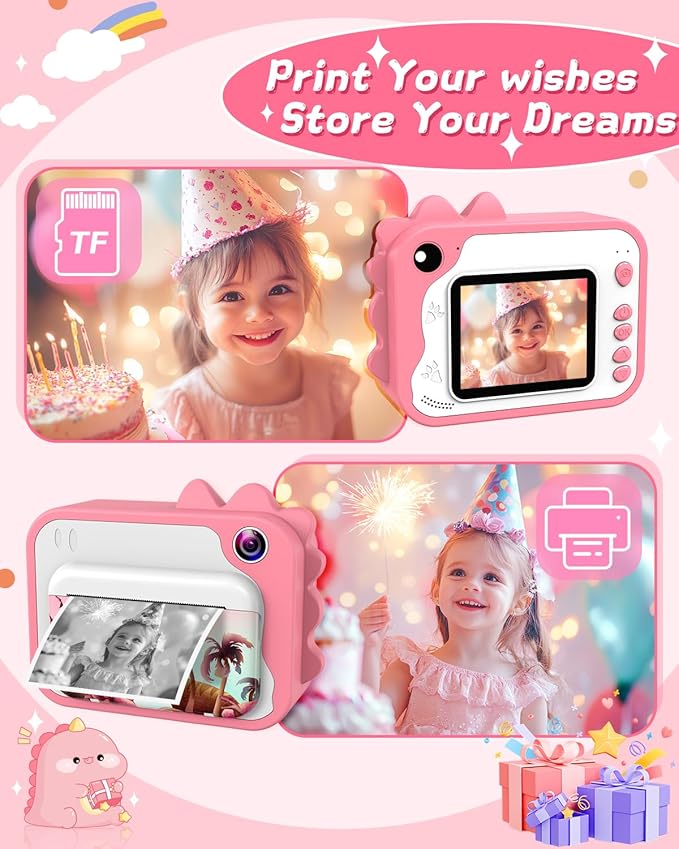 Kids Camera Instant Print, Dinosaur Instant Print Camera for Kids with 1080P Video, 32GB SD Card, 240 Photos, Christmas Birthday Gifts for Boys Girls Ages 3-12 (Pink)