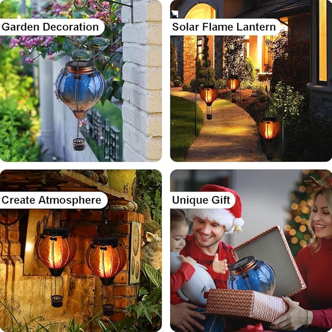 Hot Air Balloon Solar Lantern with Flickering Flame Hanging Solar Lanterns Outdoor Lights Waterproof Lanterns Decorative Garden Patio Yard Party Decor Blue