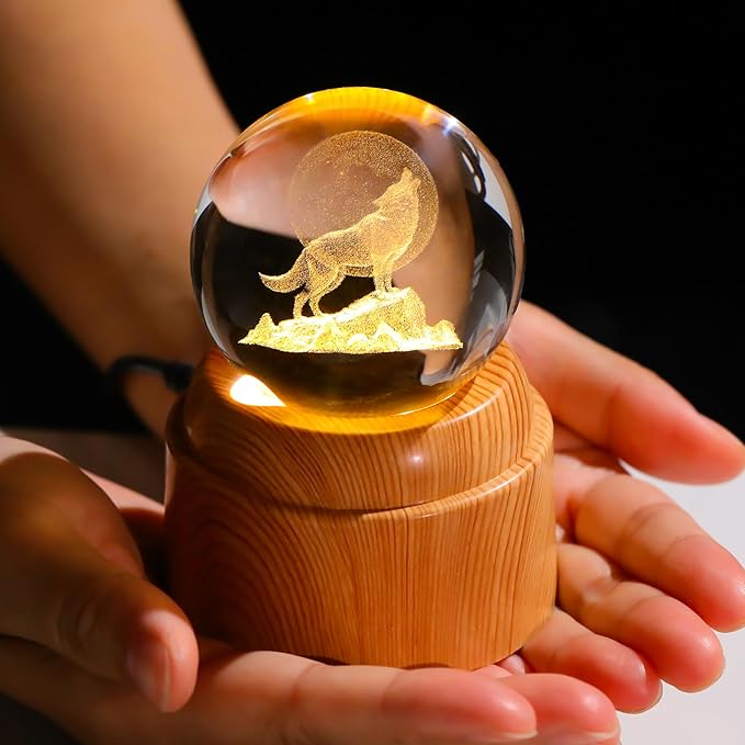 60mm 3D Wolf Crystal Ball with Rotatable Warm Light Wood Base, Wolf Gifts for Women Men Wolf Lovers, Wolf Figurines Decorations Lamp Night Lights