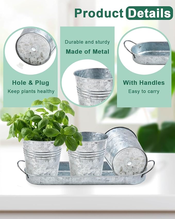 vensovo Indoor Herb Planter Set - Galvanized Windowsill Garden Pots with Tray & Drainage, Set of 3 Metal Window Planters for Kitchen & Outdoor Use, Silver