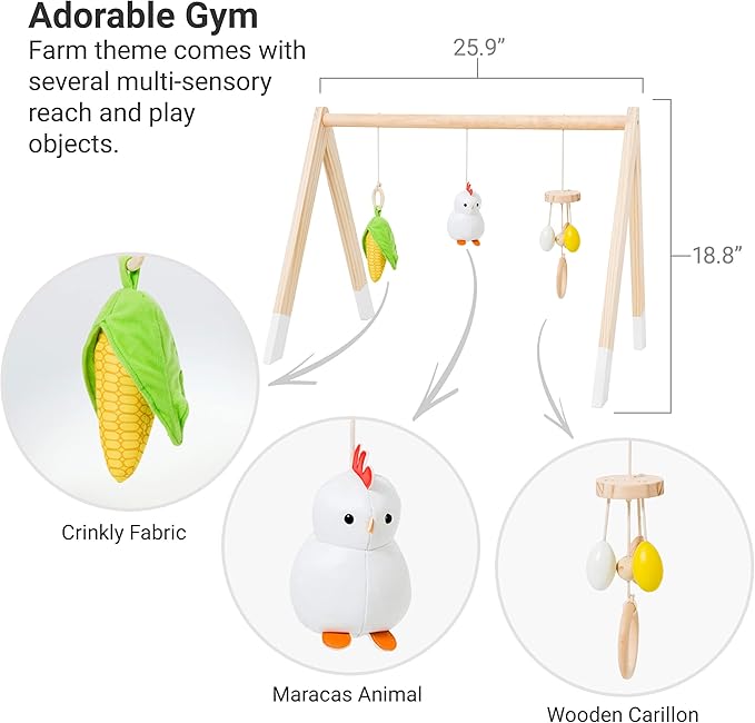 Little Big Friends Wooden Baby Activity Gym – Montessori Play Gym for Babies | Encourages Motor Skills & Sensory Development | Includes Crinkle Fabrics, Wooden Chimes & Hanging Toys – Farm