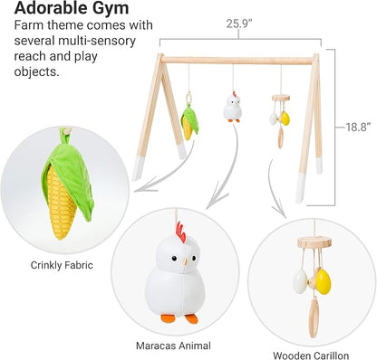 Little Big Friends Wooden Baby Activity Gym – Montessori Play Gym for Babies | Encourages Motor Skills & Sensory Development | Includes Crinkle Fabrics, Wooden Chimes & Hanging Toys – Farm