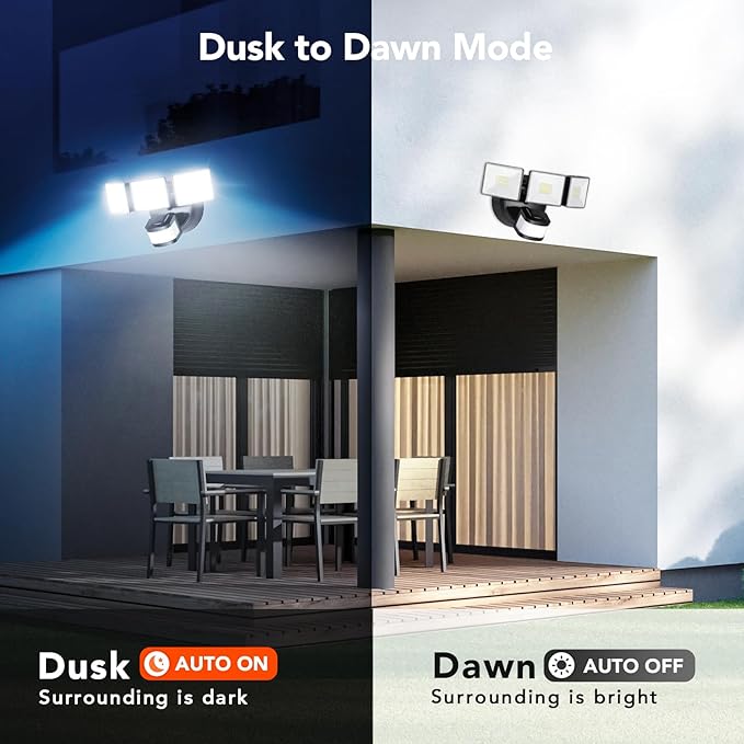 OREiN 4500LM/30W Flood Lights Outdoor, 180°/50FT Motion Sensor Outdoor Lights 3 Modes Dusk to Dawn IP65 Waterproof LED Security Light for 4500SQ.FT Area for Yard Garden, Black (Hardwired)