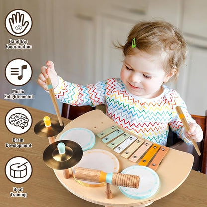 Toddlers Drum Set Toys for Toddlers 1-3,Baby Drum with Xylophone,Musical Instruments Toy, Kids Wooden Montessori Toys Birthday Gift for Boys Girls