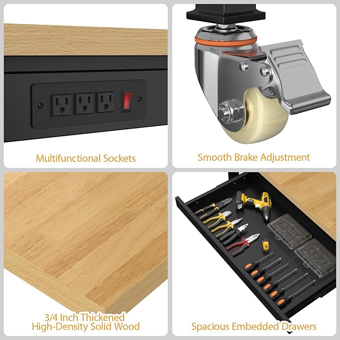 60" Adjustable Workbench,Heavy-Duty Work Table,3000 LBS Load Capacity Particleboard Hardwood Workstation Outlets with Power Strips, Drawers and Wheels,for Workshop, Garage