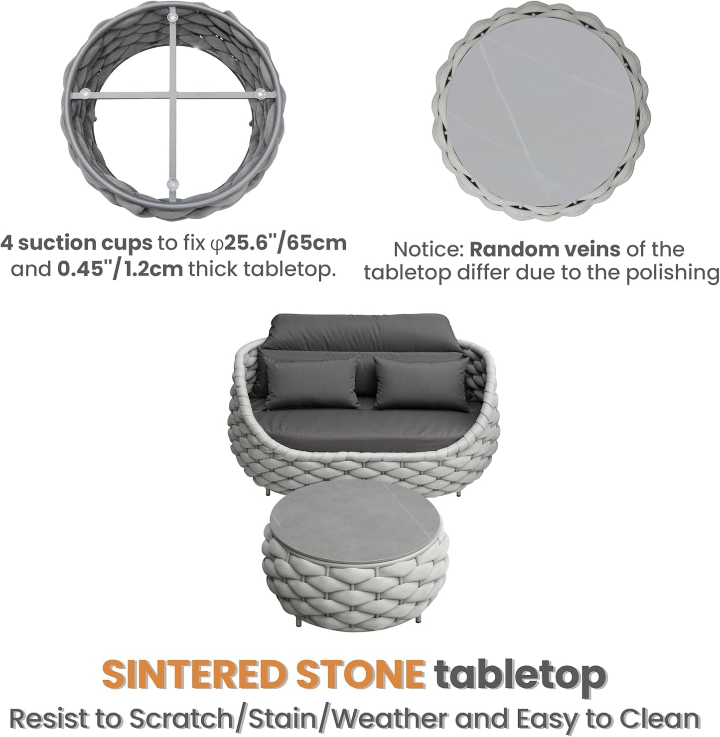 Patio Loveseat with Table: Aluminum Hand Woven Rope 2 Pieces Patio Furniture Set - Cushioned Outdoor Seating Set - Modern Couch Assembled - Metal Lounge Set for Porch Balcony Deck Garden Hotel