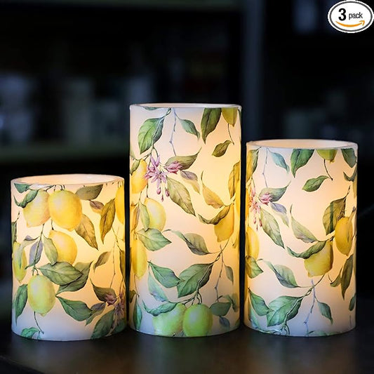 Flameless Candles Lemon Decor Battery Operated Lights with Remote Real Wax Flicker Electric Pillar Fake Candle for Home Bridal Shower Coffee Table Party Decorations Birthday Gifts for Women