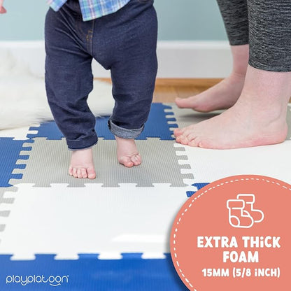 Play Platoon Non-Toxic Foam Puzzle Floor Mat, Comfortable, Extra Thick, Cushiony Exercise and Play Mat for Toddlers, Kids & Adults, 36 Tiles (12"x12"), Grey/Cream/Navy