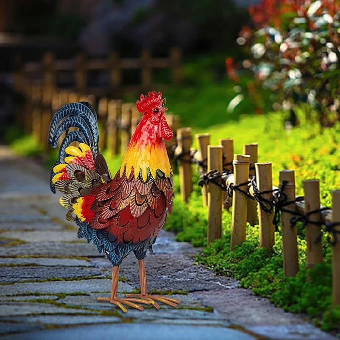 XONOR Metal Rooster Statues, Garden Chicken Decorations, Outdoor Chicken Sculpture, Metal Yard Rooster Artwork for Outdoor, Patio, Backyard and Home Kitchen Decoration (1pc, Blue Red)