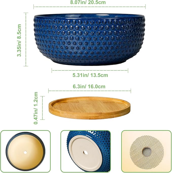 Bonsai Pots - 8 Inch Ceramic Pots for Succulent Plants & Bonsai Tree, Planter with Drainage Hole and Saucer, Modern Round Decorative Flower Planters, House Decor, GIFS for Women Man, Blue