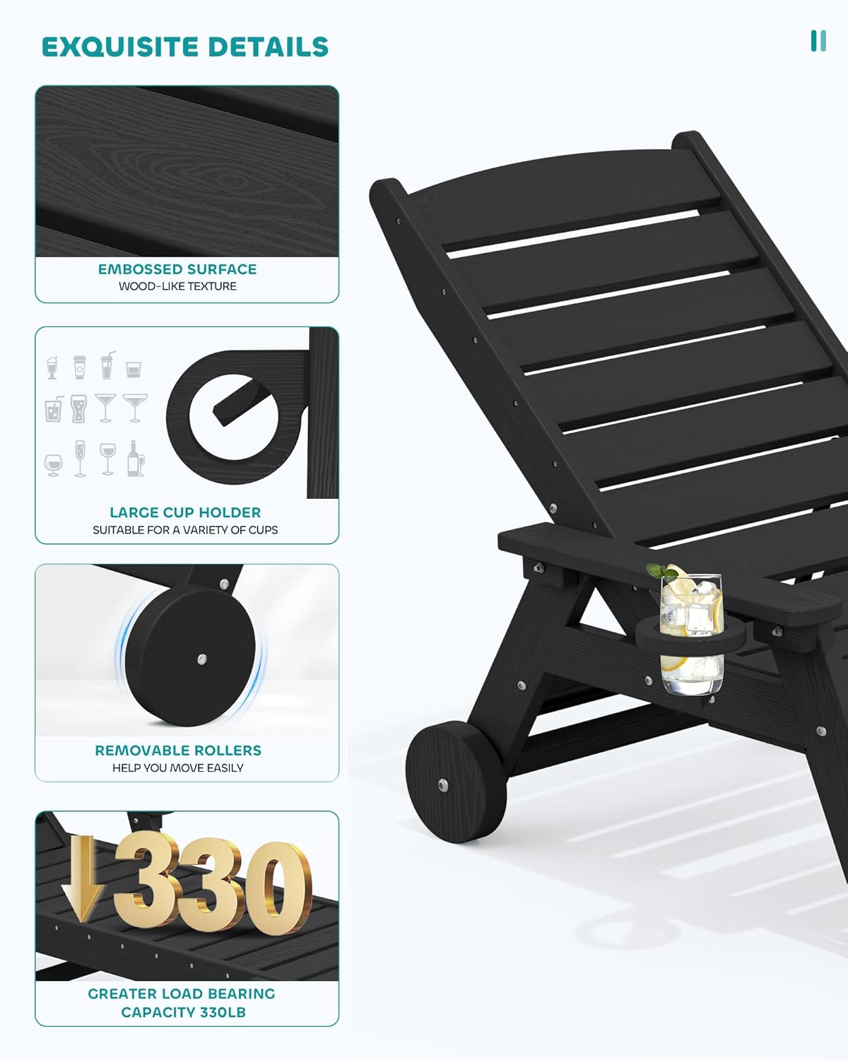 SERWALL Patio Chaise Lounge Chair Set of 2, 78'' Long 5-Positions Adjustable HDPE Outdoor Lounge Chair for Pool, Poly Lounge Chair with Rolling Wheels & Cup Holder for Poolside, Deck, Obsidian Black