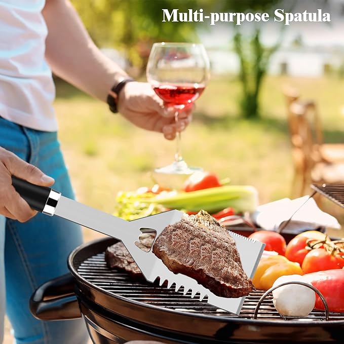 ROMANTICIST 25pcs Extra Thick BBQ Grill Accessories, Fathers Day Grilling Gifts Set for Men Dad, Heavy Duty Grill Tools Utensils Kit with Spatula, Tongs in Aluminum Case for Birthday Black