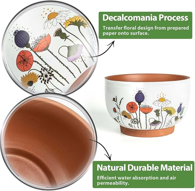 YBX 8 Inch & 6 Inch Terracotta Pots, Plant Pots Indoor, Flower Pots for Indoor Plants with Drainage, Planters with Floral Accent for Indoor Plants (French Country)