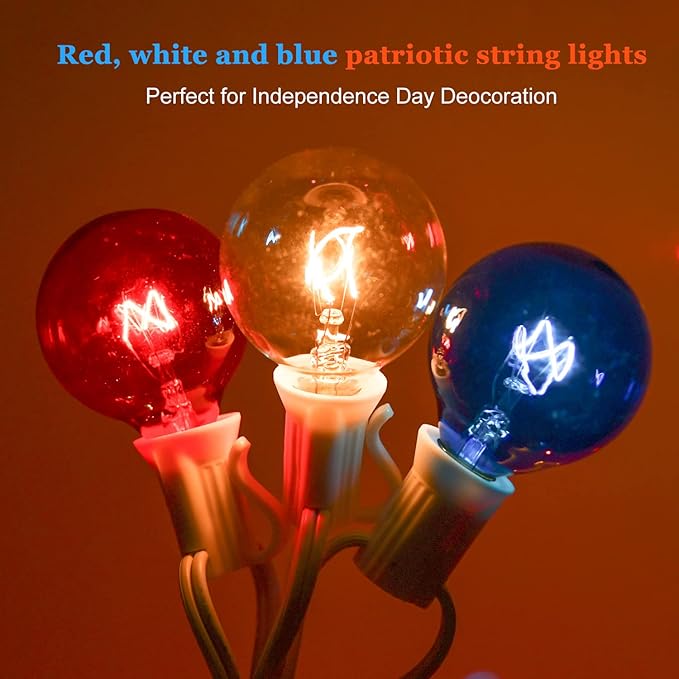 4th of July Decorations String Lights, 25Ft Outdoor Patio String Lights with 27 G40 Red White and Blue Light Bulbs(2 Spare), Multcicolor Christmas Lights for Patriotic Party Garden Festival Decor
