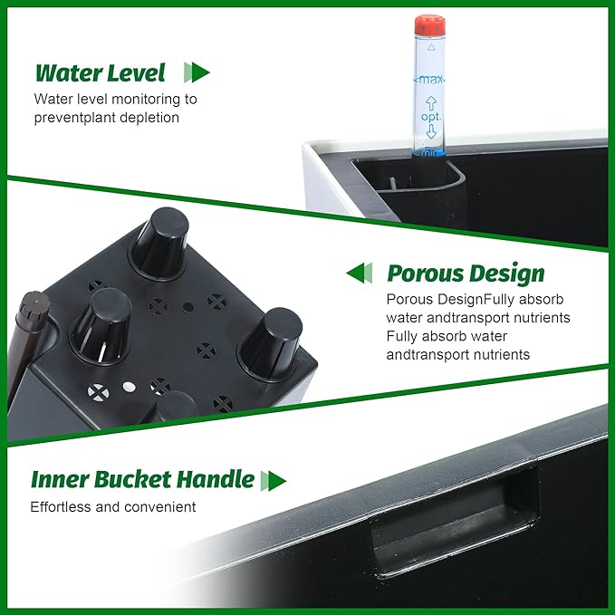 16" Tall Planters Set of 2, Outdoor＆Indoor Black Planter Pots, High Front Porch Planter Pots with Drainage Holes＆Water Level Monitor＆Inner Bucket, Automatic Watering,White